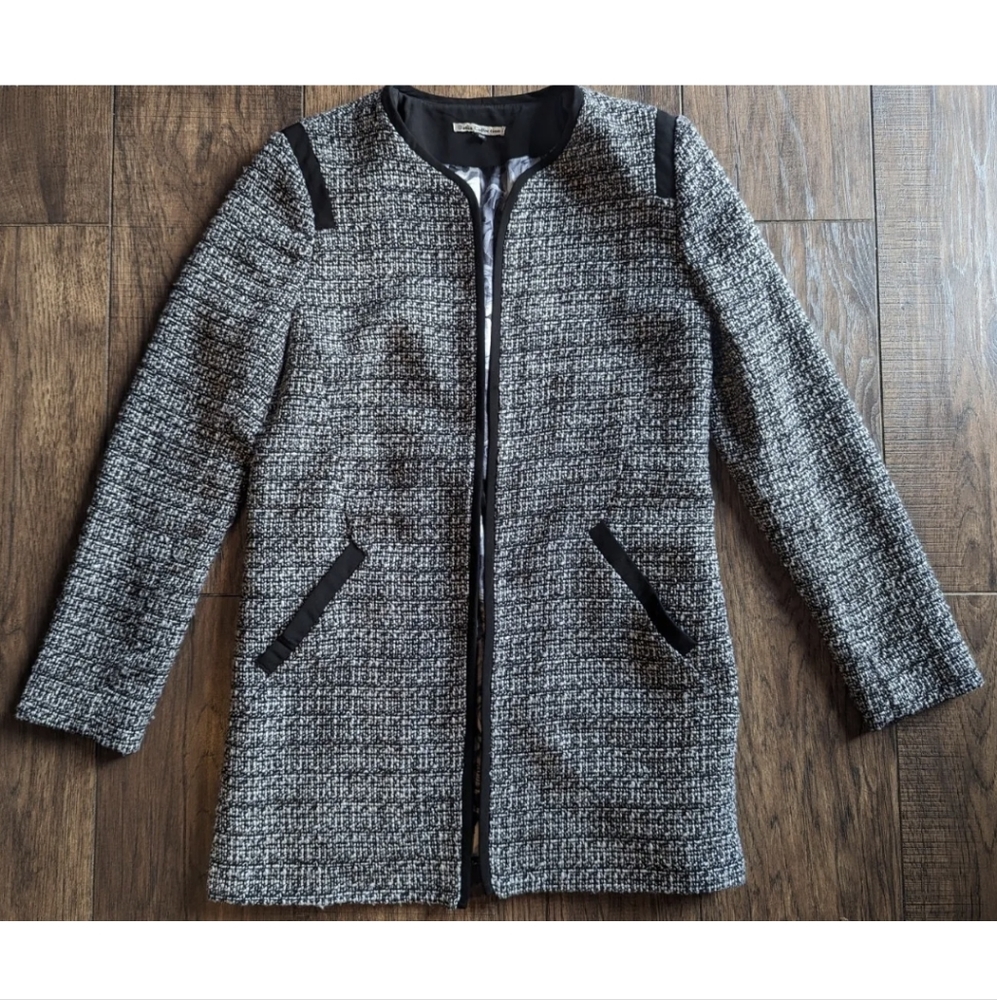 Dalia Collection Women's Black & White Tweed Open Long Blazer Size Small Petite